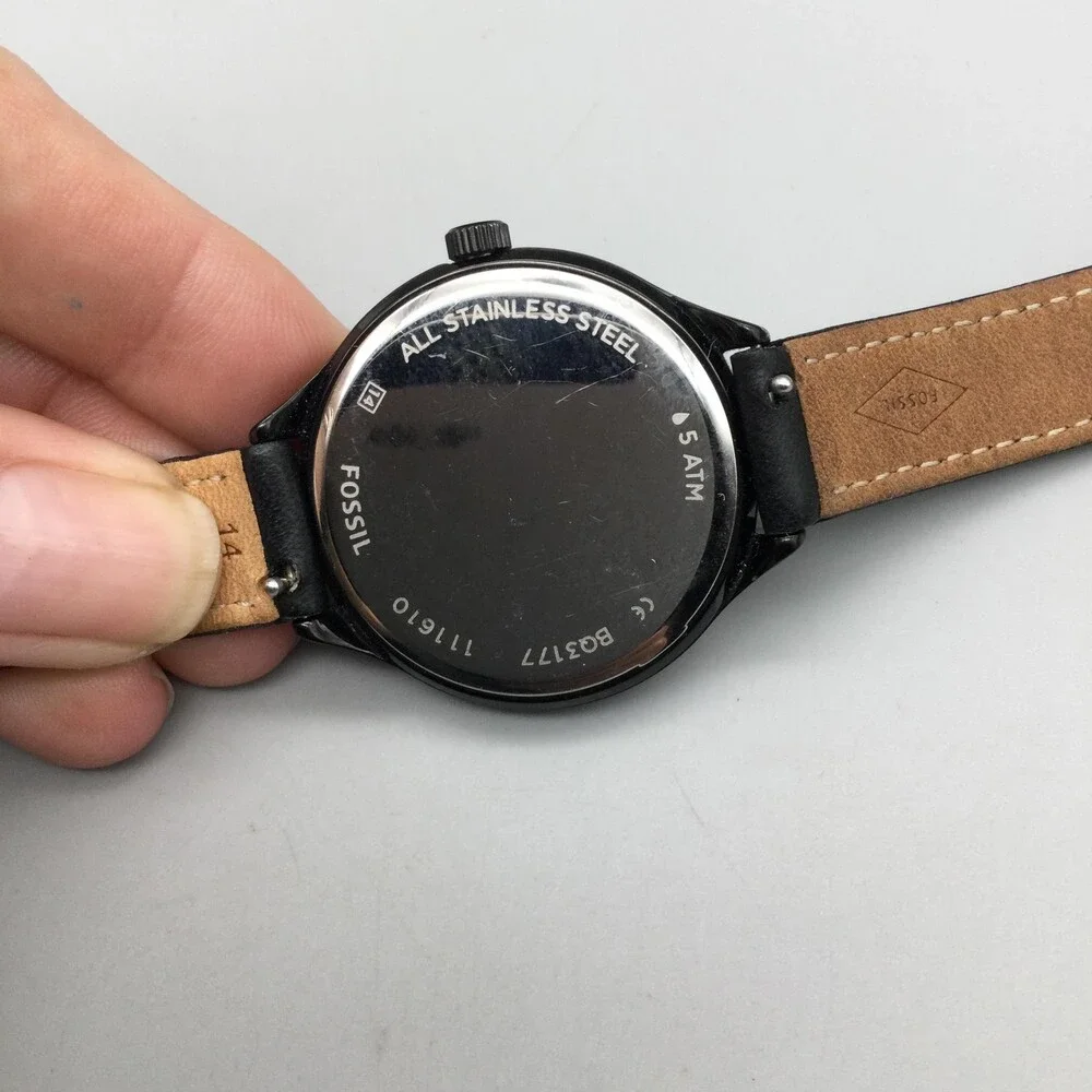 Fossil Womens Watch 36mm Gray Glitter Dial Black Leather BQ3117 New Battery